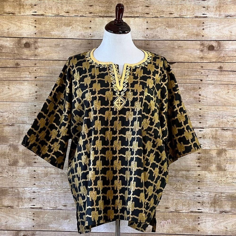 Highland‎ Outfitters Womens Dashiki Top Black Gold Elephant Print One Size Tunic